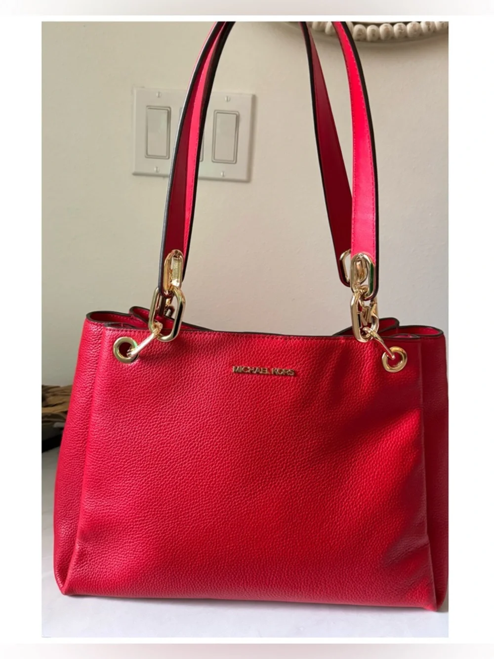 Michael Kors Red Pebble Leather Shoulder Tote with Gold Hardware